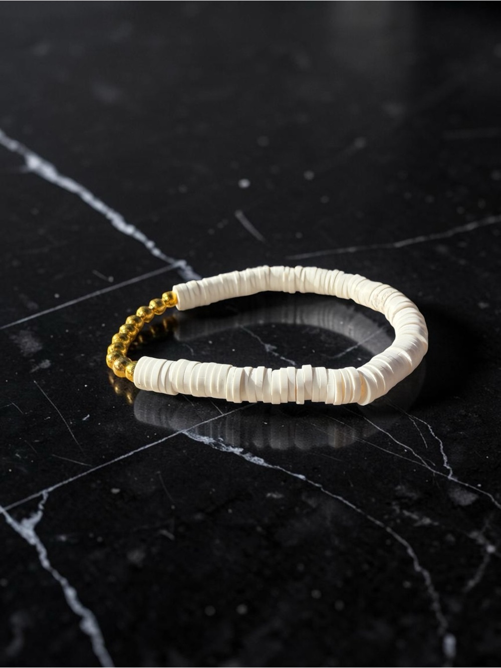 White Clay Heishi Bead Stretch Bracelet Boho Coastal Gold Accent Disc Stackable - Picture 6 of 8